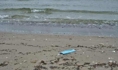 A facemask lying on the beach.