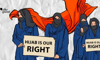 Animated image showing Hijab wearing girls holding signs saying "Hijab is our right"