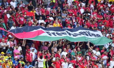 The Tunisian fans holding a huge banner of Free Palestine in Qatar World Cup FIFA 2022